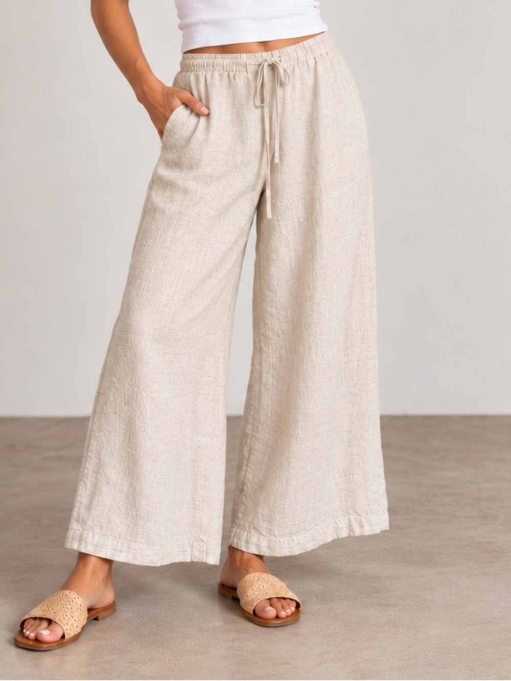 Grade & Gather 100% Linen Wide Leg Drawstring Pants Oatmeal Beige Large